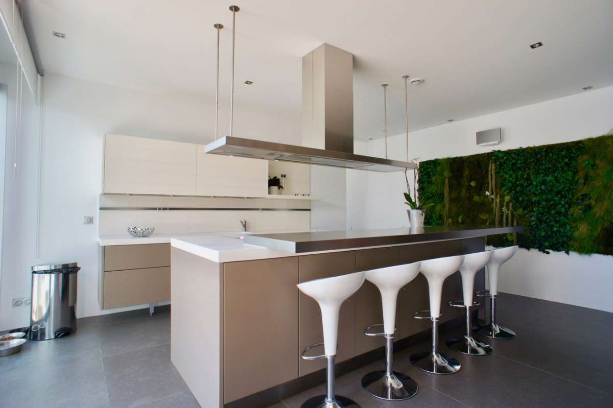 Vue latérale villa contemporaine intégrée au site naturel