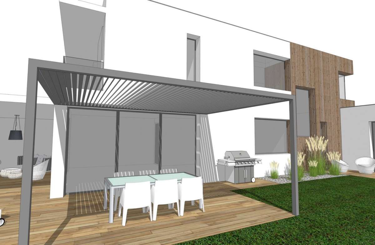 Façade villa contemporaine avec protection visuelle terrasse