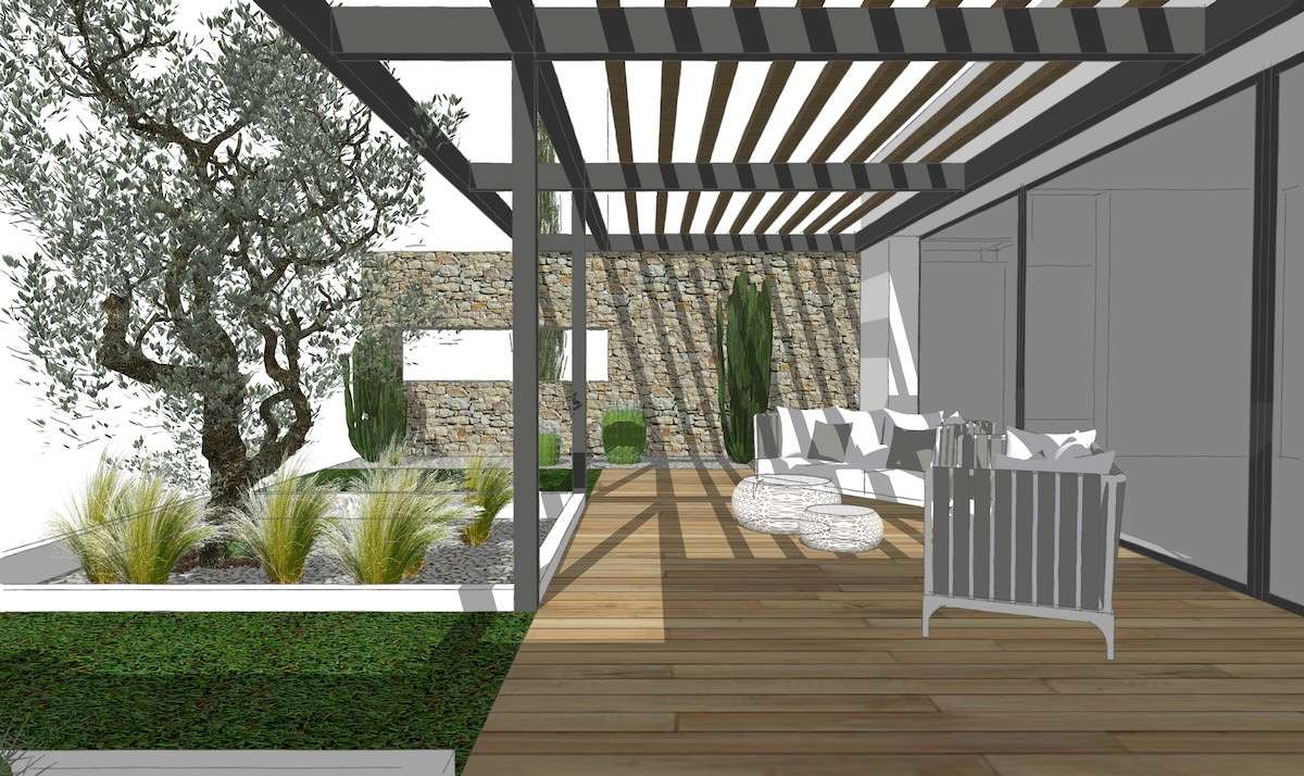 Terrasse aménagée avec mobilier extérieur et pergola