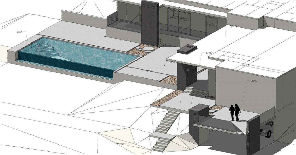 Terrasse avec salon extérieur et piscine à débordement