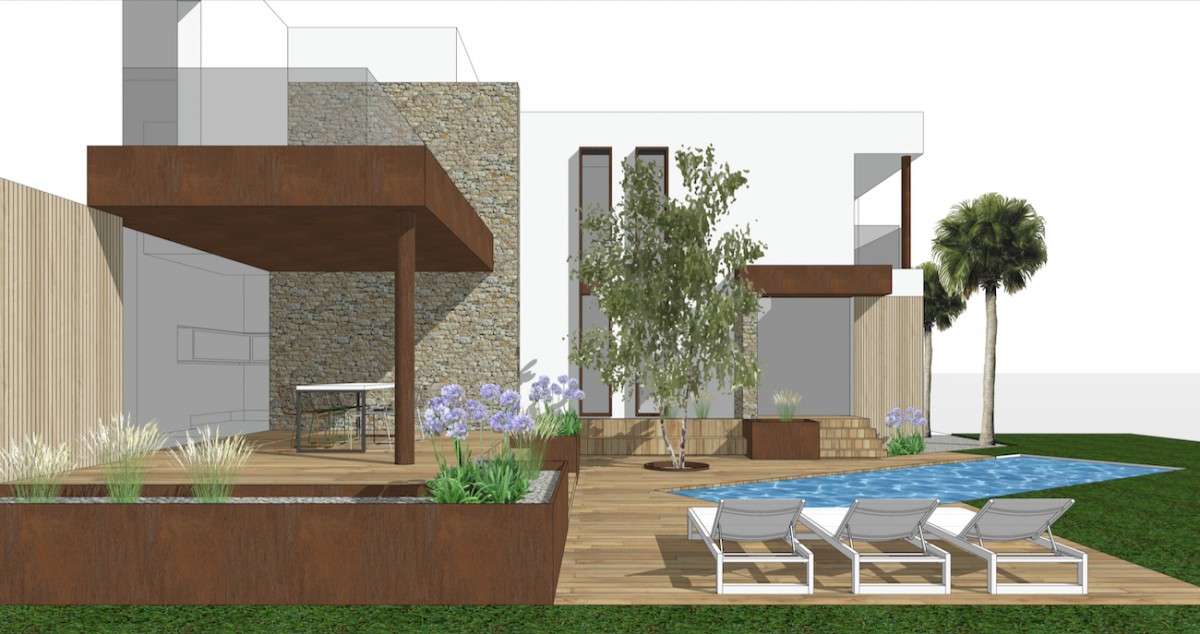 Entrée villa avec jeux de volumes Corten et enduit