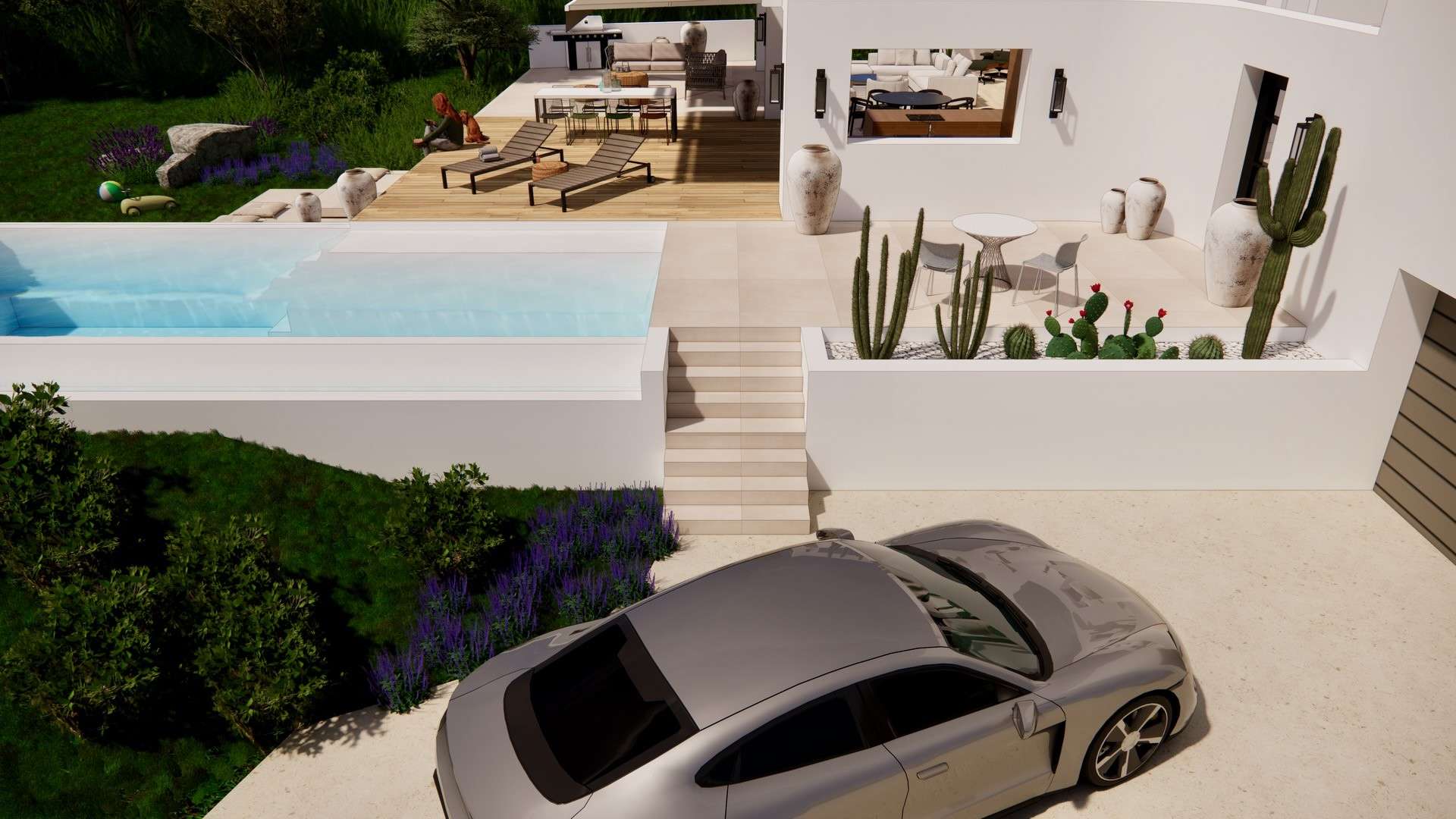 Piscine à débordement et aménagement paysager méditerranéen