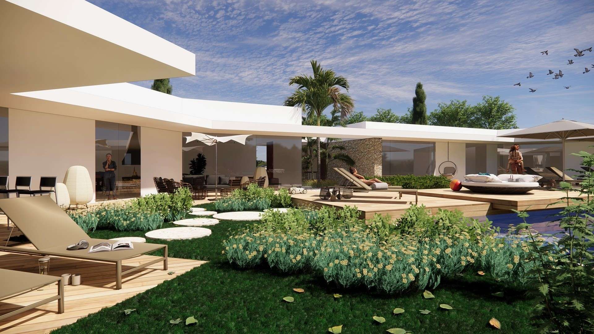 Piscine à débordement avec terrasse bois et vue dégagée