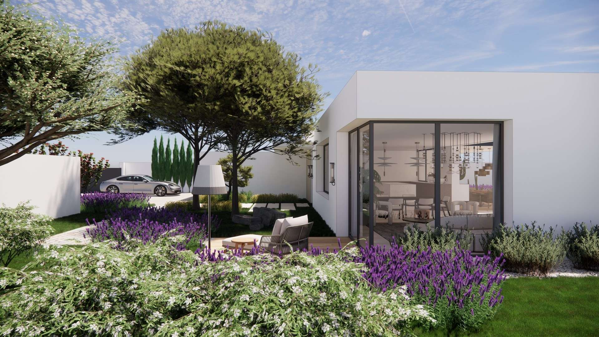 Façade arrière avec piscine et bar extérieur intégré